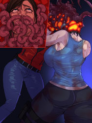 Rule 34 | 2girls, ass, bare shoulders, belt, breasts, capcom, claire redfield, creature, jill valentine, multiple girls, pants, resident evil, resident evil 2, resident evil 3, resident evil 3: nemesis, resident evil 3 (remake), standing, stuck, thighs, vore