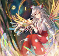 Rule 34 | 1girl, bamboo, bamboo forest, bow, forest, fujiwara no mokou, full moon, hair bow, kazu (muchuukai), long hair, long sleeves, moon, nature, ofuda, open mouth, pants, phoenix wings, red eyes, shirt, silver hair, solo, suspenders, torn clothes, torn sleeves, touhou, very long hair, wings