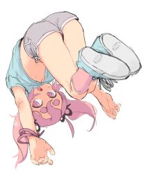 Rule 34 | 1girl, :o, absurdres, ass, bad id, bad twitter id, bracelet, dolphin shorts, eds, hair ribbon, happy (eds), highres, jewelry, open mouth, original, pink eyes, pink hair, pink legwear, ribbon, shoes, short shorts, shorts, solo, thick eyebrows, twintails, upshirt, upside-down, white background