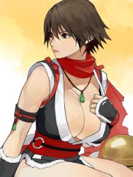 Rule 34 | 1girl, alternate hair length, alternate hairstyle, arm guards, armlet, bare shoulders, breasts, brown eyes, brown hair, cleavage, hand on own chest, highres, jewelry, kof: maximum impact, large breasts, necklace, ninja, oni gini, pelvic curtain, red scarf, revealing clothes, scarf, shiranui mai, short hair, sitting, the king of fighters, thighs