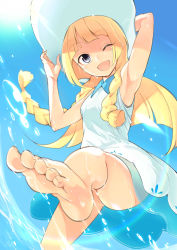 Rule 34 | 1girl, absurdres, arms up, barefoot, blonde hair, braid, creatures (company), dress, game freak, hat, highres, inaba makoto, leg up, lillie (pokemon), long hair, nintendo, one eye closed, open mouth, pokemon, pokemon sm, sleeveless, sleeveless dress, solo, sun hat, twin braids, wet, white dress, white hat