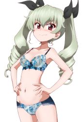 Rule 34 | 1girl, anchovy (girls und panzer), black ribbon, blue bra, blue panties, blush, bra, breasts, closed mouth, collarbone, commission, girls und panzer, green hair, hair ribbon, hands on own hips, highres, kayabakoro, looking at viewer, medium breasts, navel, panties, pixiv commission, red eyes, ribbon, simple background, solo, stomach, twintails, underwear, underwear only, white background