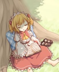 Rule 34 | 1girl, ascot, barefoot, blonde hair, book, day, closed eyes, mary janes, miyo (ranthath), outdoors, pillow, plaid, puffy sleeves, shoes, unworn shoes, sitting, skirt, solo, sunny milk, tiara, touhou, tree, twintails, two side up, wide sleeves