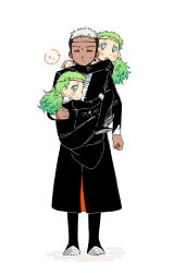 Rule 34 | 3boys, absurdres, black dress, brothers, carrying, carrying person, closed eyes, closed mouth, dark-skinned male, dark skin, dress, ekoh (tongari boushi no atelier), etoran (tongari boushi no atelier), galga (tongari boushi no atelier), green eyes, green hair, highres, long hair, long sleeves, looking at another, looking at viewer, multiple boys, open mouth, short hair, siblings, sitting, smile, sweatdrop, tongari boushi no atelier, twins, white background, white hair, yongji (moli1023)