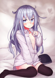 Rule 34 | 1girl, @ @, anchor, anchor symbol, bed, bed sheet, black thighhighs, blue eyes, blush, closed mouth, flat chest, hat, unworn hat, unworn headwear, heart, hibiki (kancolle), highres, jewelry, kantai collection, long hair, open clothes, open shirt, pillow, reitou mikan, ring, shirt, silver hair, sitting, solo, steam, sweat, thighhighs, wedding band, white shirt