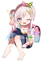 Rule 34 | 1girl, :d, airani iofifteen, airani iofifteen (1st costume), backpack, bag, barefoot, blue overalls, blush, bow, dot nose, grey hair, hair bow, hair bun, hairband, highres, holding, holding paintbrush, hololive, hololive indonesia, looking at viewer, noi mine, one eye closed, open mouth, overall shorts, overalls, paint splatter, paint splatter on face, paintbrush, polka dot hairband, purple eyes, randoseru, side ponytail, simple background, single side bun, smile, solo, sweater, virtual youtuber, white background