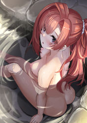 Rule 34 | 1girl, :o, arm at side, ass, blush, breasts, character request, collarbone, feet out of frame, hair ornament, hair scrunchie, highres, long hair, looking at viewer, looking up, medium breasts, monster strike, nipples, onsen, open mouth, partially submerged, ponytail, purple eyes, red hair, rock, scrunchie, sitting, solo, solomon (monster strike), tsuseki, wet