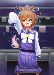 Rule 34 | 1girl, aged down, agnes tachyon (umamusume), ahoge, arm up, earrings, highres, horse girl, jewelry, looking at viewer, medium hair, motsushi, notice lines, open mouth, oversized clothes, purple shirt, purple skirt, sailor collar, school uniform, shirt, single earring, skirt, sleeves past fingers, sleeves past wrists, smile, solo, standing, sticky note, stool, table, test tube, tongue, tongue out, tracen school uniform, translation request, umamusume