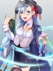 Rule 34 | 1girl, blue eyes, blue hair, book, breasts, cleavage, copyright name, junketsu duelion, large breasts, matching hair/eyes, monocle, original, retsuna, ribbon, smile, solo, stethoscope, test tube