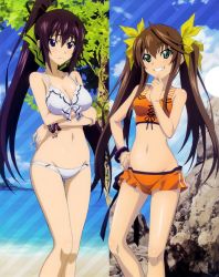 Rule 34 | 10s, 2girls, absurdres, bare shoulders, beach, bikini, blue sky, blush, bracelet, breast hold, breasts, brown hair, cleavage, day, fixed, green eyes, grin, groin, hand on own hip, hashimoto takayoshi, highres, huang lingyin, infinite stratos, jewelry, knees, long hair, medium breasts, multiple girls, navel, ocean, official art, outdoors, ponytail, purple eyes, purple hair, scan, shinonono houki, sky, smile, split ponytail, swimsuit, tankini, thigh gap, thighs, twintails, very long hair, white bikini, wristband