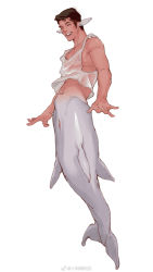 Rule 34 | 1boy, bottomless, covered erect nipples, dolphin boy, fins, full body, head fins, highres, male focus, merman, midriff peek, monster boy, naked shirt, original, pectoral cleavage, pectorals, reverse newhalf, see-through, shirt, short hair, sideburns, sidepec, solo, stomach, tank top, toned, toned male, wet, wet clothes, wet shirt, white tank top, xiaolumiaoliya