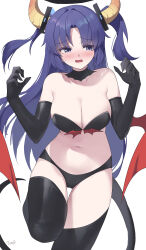 Rule 34 | 1girl, absurdres, alternate costume, armpit crease, artist name, averting eyes, bare shoulders, black bra, black gloves, black panties, black thighhighs, blue archive, blue eyes, blush, bra, breasts, cleavage, demon horns, demon tail, demon wings, detached collar, elbow gloves, gloves, halo, highres, horns, korean commentary, large breasts, navel, nose blush, panties, parted bangs, purple hair, red pupils, simple background, solo, standing, standing on one leg, stomach, tail, thighhighs, tomid, underwear, white background, wings, yuuka (blue archive)