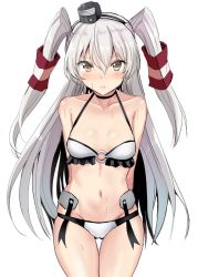 Rule 34 | 1girl, amatsukaze (kancolle), arms behind back, bare shoulders, bikini, blush, breasts, brown eyes, choker, collarbone, frills, gin&#039;ichi (akacia), groin, hair between eyes, kantai collection, long hair, looking at viewer, navel, o-ring, o-ring bikini, o-ring top, one-hour drawing challenge, silver hair, simple background, small breasts, solo, striped, sweat, swimsuit, thigh gap, two side up, white background