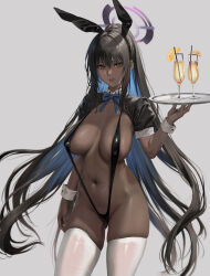 Rule 34 | 1girl, animal ears, arm at side, bare shoulders, black hair, black one-piece swimsuit, black slingshot swimsuit, blue archive, blue bow, blue bowtie, border, bow, bowtie, breasts, breasts apart, closed mouth, cup, dark-skinned female, dark skin, detached collar, drinking straw, fake animal ears, gluteal fold, hair between eyes, hand up, highres, holding, holding tray, jeneral, karin (blue archive), karin (bunny) (blue archive), large breasts, long hair, looking at viewer, mixed-language commentary, navel, number tattoo, official alternate costume, one-piece swimsuit, outside border, playboy bunny swimsuit, ponytail, rabbit ears, shoulder tattoo, shrug (clothing), simple background, slingshot swimsuit, solo, stomach, swimsuit, tattoo, thighhighs, tray, white background, white thighhighs, white wrist cuffs, wrist cuffs, yellow eyes