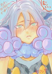 Rule 34 | 1boy, amnesia (idea factory), animal ears, animal hands, blush, close-up, embarrassed, fake animal ears, fur collar, furrowed brow, gloves, green eyes, hands up, looking at viewer, orion (amnesia), paw gloves, pout, sketch