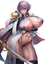Rule 34 | 1girl, abs, absurdres, adapted costume, alternate costume, areola slip, arm under breasts, armor, breasts, breasts apart, cape, cleavage, cowboy shot, detached sleeves, elbow gloves, frown, garter straps, gladys von walkenheim, gloves, highres, holding, holding weapon, huge breasts, kyonyuu fantasy, kyonyuu fantasy burst x, large areolae, linea alba, looking at viewer, navel, orange eyes, puffy nipples, purple hair, remu (kirieroido), saber (weapon), shiny skin, shirt, short hair with long locks, shoulder armor, solo, striped clothes, striped shirt, sword, thighhighs, thong, toned, vertical-striped clothes, vertical-striped shirt, weapon, white background
