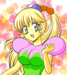 Rule 34 | 1girl, blonde hair, blush, breasts, fumu, fumu (kirby), green eyes, kirby: right back at ya, kirby (series), large breasts, lowres, nintendo, open mouth, ponytail, smile, solo