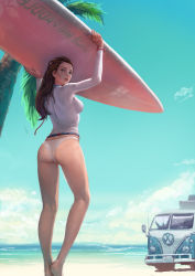 Rule 34 | 1girl, ass, barefoot, beach, bikini, bikini bottom only, blue eyes, braid, breasts, brown hair, cloud, commentary, day, from behind, highres, holding, kim junghun, long hair, long sleeves, looking back, medium breasts, original, outdoors, palm tree, parted lips, rash guard, sky, solo, standing, surfboard, swimsuit, tree, volkswagen type 2, water, white bikini