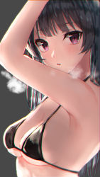 Rule 34 | 10s, 1girl, absurdres, arm up, armpits, bare shoulders, bikini, black bikini, blue hair, blush, breasts, breath, cleavage, grey background, highres, krswrb, long hair, looking at viewer, love live!, love live! sunshine!!, medium breasts, parted lips, pink eyes, simple background, solo, swimsuit, tsushima yoshiko, upper body