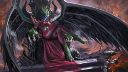 Rule 34 | 1girl, absurdres, breasts, cany-10086, cape, claws, crossed legs, duel monster, evil hero inferno wing, eye mask, feathered wings, green fur, green hair, highres, large breasts, making-of available, monster girl, red cape, red lips, sitting, solo, spikes, wings, yu-gi-oh!, yu-gi-oh! gx