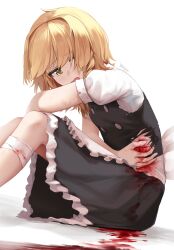Rule 34 | 1girl, apron, artist name, bandaged leg, bandages, black skirt, black vest, blonde hair, blood, blood on clothes, blood on hands, braid, clip studio paint (medium), commentary, english commentary, highres, injury, kirisame marisa, light blush, long hair, no headwear, open mouth, puffy short sleeves, puffy sleeves, scratches, short sleeves, side braid, simple background, single braid, skirt, solo, tearing up, tears, torn clothes, touhou, vest, vrabius, white apron, white background, yellow eyes