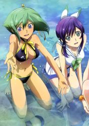 Rule 34 | 10s, 2girls, aquarion (series), aquarion evol, artist request, barefoot, bikini, blue eyes, bow, breasts, cleavage, cleavage cutout, clothing cutout, cropped, green eyes, green hair, kneeling, mikono suzushiro, multiple girls, navel, panties, parted lips, purple hair, reflection, sailor collar, side-tie bikini bottom, side-tie panties, smile, sparkle, swimsuit, underwear, water, zessica wong
