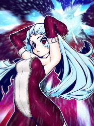 Rule 34 | 1girl, absurdres, belt, blue hair, bodysuit, breasts, cowboy shot, detached sleeves, dithered background, eyebrows, gloves, highres, ice, jch2908, kula diamond, long hair, looking at viewer, medium breasts, purple eyes, the king of fighters, zipper