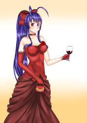Rule 34 | 1girl, absurdres, alcohol, antenna hair, bag, bare shoulders, blazblue, blazblue remix heart, blue hair, blush, bow, bracelet, breasts, choker, collarbone, cowboy shot, cup, dress, drinking glass, elbow gloves, evening gown, female focus, flower, formal, gender request, genderswap, gloves, hair bow, handbag, highres, jewelry, large breasts, long hair, looking at viewer, mai natsume, ponytail, red dress, red eyes, red flower, red rose, ribbon, ribbon choker, rose, salmon (4chan), smile, solo, strapless, strapless dress, very long hair, wine, wine glass