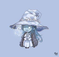 Rule 34 | 1girl, blank eyes, blue background, blue hair, blue skin, cloak, colored skin, dress, elden ring, extra arms, extra faces, full body, fur cloak, hat, large hat, long hair, long sleeves, m xy, miniature ranni, one eye closed, open mouth, ranni the witch, signature, simple background, solo, tearing up, very long hair, wavy mouth, white dress, witch hat