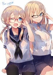 Rule 34 | 10s, 2girls, bad id, bad twitter id, bespectacled, bismarck (kancolle), black-framed eyewear, black legwear, blonde hair, blue eyes, bra, breasts, cleavage, commentary request, dated, glasses, highres, kantai collection, kou mashiro, large breasts, long hair, low twintails, multiple girls, neckerchief, one eye closed, open mouth, pantyhose, pleated skirt, prinz eugen (kancolle), red-framed eyewear, school uniform, see-through, serafuku, shirt, signature, sitting, skirt, smile, twintails, underwear, white bra, white shirt