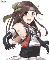 Rule 34 | 1girl, ^^^, absurdres, armpits, bare shoulders, black gloves, blush, grabbing another&#039;s breast, brown eyes, brown hair, disembodied limb, elbow gloves, gloves, grabbing, groping, headband, highres, jintsuu (kancolle), kantai collection, kiritto, long hair, looking at viewer, open mouth, pleated skirt, remodel (kantai collection), sash, simple background, skirt, surprised, vest, white background, white skirt