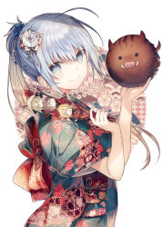Rule 34 | 1girl, animal, black kimono, blue eyes, blue hair, boar, bow, closed mouth, commentary request, floral print, flower, hagoita, hair between eyes, hair flower, hair ornament, haiselita aldridge, head tilt, holding, holding animal, japanese clothes, kazutake hazano, kimono, long hair, looking at viewer, looking to the side, paddle, print kimono, red bow, shiro seijo to kuro bokushi, short sleeves, smile, solo, v-shaped eyebrows, white background, white flower, wide sleeves