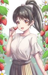 Rule 34 | 1girl, birthday, black hair, breasts, commentary request, flower, food, frilled sleeves, frills, fruit, garden, hair ribbon, hazuki ren, high ponytail, highres, long hair, looking at viewer, love live!, love live! superstar!!, medium breasts, ponytail, ribbon, short sleeves, solo, strawberry, tsukimi seiya, upper body, yellow eyes