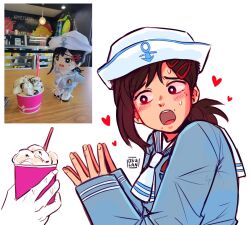 Rule 34 | 1girl, 1other, artist name, blush, brown hair, chainsaw man, character doll, disembodied limb, hair ornament, hairclip, hat, heart, higashiyama kobeni, holding food, holding ice cream, ice cream, looking at object, mole, mole under eye, mole under mouth, multiple moles, open mouth, osulan, real life insert, sailor collar, sailor hat, sailor shirt, shirt, short hair, short ponytail, simple background, single sidelock, steepled fingers, sweat, white background, white sailor collar