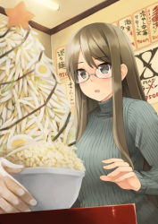 Rule 34 | 1girl, akemiho tabi nikki, black eyes, bowl, brown hair, christmas, egg, fluorescent lamp, food, glasses, indoors, kouno hikaru, long hair, long sleeves, noodles, open mouth, oribe shiori, ramen, ribbed sweater, sidelocks, solo, star (symbol), sweater, turtleneck