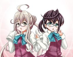 Rule 34 | 10s, 2girls, ahoge, black hair, commentary request, double bun, glasses, kantai collection, looking at viewer, makigumo (kancolle), multiple girls, okinami (kancolle), one side up, school uniform, grey eyes, silver hair, sleeves past wrists, tk8d32