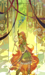 Rule 34 | 1girl, absurdly long hair, animal ears, animesoul, autumn blaze, china dress, chinese clothes, dragon, dragon horns, dress, eastern dragon, flower, from behind, green dress, green eyes, hair flower, hair ornament, hand fan, highres, holding, holding fan, horns, humanization, long hair, my little pony, my little pony: equestria girls, my little pony: friendship is magic, red hair, scales, scroll, single horn, solo, tarot, tarot (medium), temperance (tarot), thighhighs, traditional clothes, very long hair