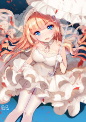 Rule 34 | 1girl, :d, anchor hair ornament, barfleur (warship girls r), bison cangshu, blonde hair, blue eyes, blush, breasts, choker, dress, frilled dress, frills, from above, hair ornament, large breasts, long hair, looking at viewer, open mouth, pantyhose, petals, sitting, smile, solo, umbrella, very long hair, warship girls r, white dress, white pantyhose