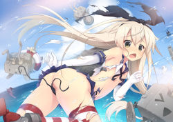 Rule 34 | 10s, 1girl, aoi aruma, aruma (almax), ass, black panties, blonde hair, butt crack, chestnut mouth, elbow gloves, gloves, hairband, kantai collection, lifebuoy, long hair, open mouth, panties, personification, rensouhou-chan, shimakaze (kancolle), side-tie panties, skirt, striped clothes, striped thighhighs, swim ring, thighhighs, torn clothes, underwear, untied, white gloves