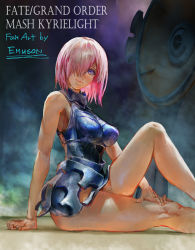 Rule 34 | 1girl, armor, armored dress, artist name, bare shoulders, bodysuit, breasts, character name, closed mouth, commentary request, copyright name, emuson, fate/grand order, fate (series), faulds, from side, gorget, hair over one eye, halterneck, hand on own leg, highres, leotard, looking at viewer, mash kyrielight, pink hair, purple eyes, shield, short hair, sitting, skin tight, sleeveless, smile, thighs
