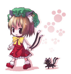 Rule 34 | 1girl, animal ears, bad id, bad pixiv id, brown hair, cat, cat ears, cat tail, chen, chibi, earrings, fang, female focus, hat, jewelry, kaenbyou rin, kaenbyou rin (cat), kiira, multiple tails, short hair, skirt, solo, tail, touhou, white background