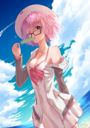 Rule 34 | 1girl, arm behind back, beach, blush, breasts, caustics, cleavage, cloud, collarbone, cowboy shot, day, eating, fate/grand order, fate (series), female focus, fisheye, food, from side, glasses, glint, hair over one eye, halterneck, hat, heart, highres, hood, hoodie, large breasts, long sleeves, looking at viewer, mash kyrielight, mash kyrielight (swimsuit of perpetual summer), momingie, official alternate costume, outdoors, pink hair, pocket, popsicle, purple eyes, see-through, short hair, sky, solo, spoken heart, standing, swimsuit, tongue, tongue out, water, white hat