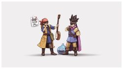 Rule 34 | 2boys, absurdres, banjo, belt, black hair, brown hair, brown pants, cape, circlet, dragon quest, dragon quest iii, dragon quest viii, grey background, hand on own chin, hero (dq8), highres, instrument, male focus, multiple boys, nin nakajima, nintendo, pants, purple cape, roto (dq3), simple background, sleeves rolled up, slime (dragon quest), spiked hair, stroking own chin, super smash bros., tunic