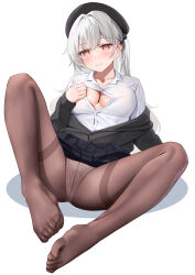 Rule 34 | 1girl, absurdres, azur lane, black headwear, black pantyhose, black skirt, blush, breasts, classic (zildjian33), cleavage, cross-shaped pupils, crotch seam, feet, grey hair, highres, legs, long hair, long sleeves, looking at viewer, medium breasts, no shoes, official alternate costume, panties, panties under pantyhose, pantyhose, red eyes, scylla (azur lane), scylla (femme fatale fresher) (azur lane), shirt, skirt, smile, solo, symbol-shaped pupils, thighs, toes, underwear, uniform, white background, white shirt