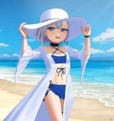 Rule 34 | 1girl, :d, absurdres, beach, bikini, bikini skirt, blue bikini, blue eyes, blue nails, blue sky, blue wristband, blush, cloud, coat, collarbone, cowboy shot, earrings, eyelashes, fang, flat chest, grey hair, hair ornament, halterneck, hands on headwear, hat, highres, jewelry, looking at viewer, nail polish, navel, navel piercing, ocean, off shoulder, open mouth, piercing, red wristband, rurine luna, sand, shade, side-tie bikini bottom, signature, sky, smile, solo, star (symbol), star hair ornament, stomach, summer, sun hat, swimsuit, thigh strap, virtual youtuber, wactor production, water, white coat, white hat, wide sleeves, wristband, yof (sc gazer)