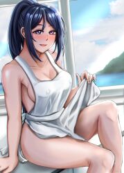 1girl absurdres apron artist_request bare_shoulders blue_hair breasts cleavage collarbone female_focus highres large_breasts looking_at_viewer love_live! love_live!_sunshine!! matsuura_kanan naked_apron purple_eyes solo