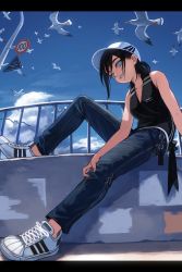 Rule 34 | 1girl, absurdres, bird, black hair, black shirt, blouse, blue eyes, day, denim, earrings, female focus, from below, grin, hat, highres, jeans, jewelry, kaneni, original, outdoors, pants, railing, seagull, shirt, shoes, sitting, sleeveless, smile, sneakers, solo, v-neck