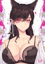 Rule 34 | absurdres, atago (azur lane), azur lane, band-width, black bra, bra, breasts, gloves, hair between eyes, highres, jacket, large breasts, looking at viewer, mole, mole under eye, open clothes, open jacket, solo, swept bangs, underwear, upper body, white gloves, white jacket