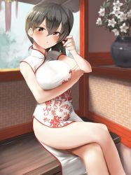 Rule 34 | 1girl, alternate costume, black hair, blush, breasts, brown eyes, china dress, chinese clothes, crossed legs, dress, feet out of frame, flower, hair between eyes, highres, honmakaina kudou, kaga (kancolle), kantai collection, large breasts, long hair, parted lips, side ponytail, sitting, sleeveless, sleeveless dress, solo, white dress, white flower