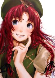 Rule 34 | 1girl, bad id, bad pixiv id, black ribbon, blush, braid, chinese clothes, green eyes, hair ribbon, hat, highres, hong meiling, kamiyama aya, long hair, looking at viewer, parted lips, red hair, resolution mismatch, ribbon, short sleeves, simple background, smile, solo, star (symbol), teeth, touhou, tress ribbon, twin braids, upper body, vest, white background